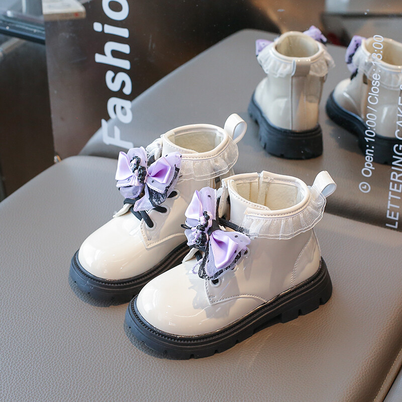 2–18 gadus vecām meitenēm ādas zābaki smilškrāsas multfilmu loku bērnu apavi Four Seasons, mīksta apakša, neslīdoši bērnu zābaki bērniem