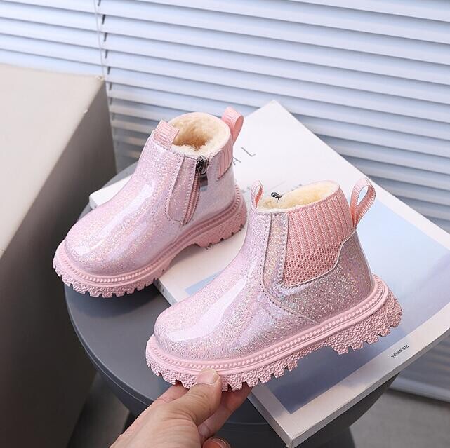 Rudens Ziemas Meiteņu Sniega Zābaki Modes Bērnu Lakādas Kurpes Mīkstas Zoles Puszābaki Plīša Siltas Kažokādas Bērnu Kokvilnas Sniega Kurpes