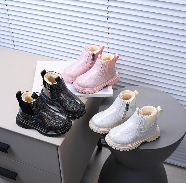 Rudens Ziemas Meiteņu Sniega Zābaki Modes Bērnu Lakādas Kurpes Mīkstas Zoles Puszābaki Plīša Siltas Kažokādas Bērnu Kokvilnas Sniega Kurpes