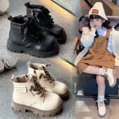 Bērnu zābaki 26-36 Izmērs Bēšs Mīksts Zēnu Meiteņu Ādas Kurpes Four Seasons Modes Black Hundred Neslīdoši Kids Martin Boots