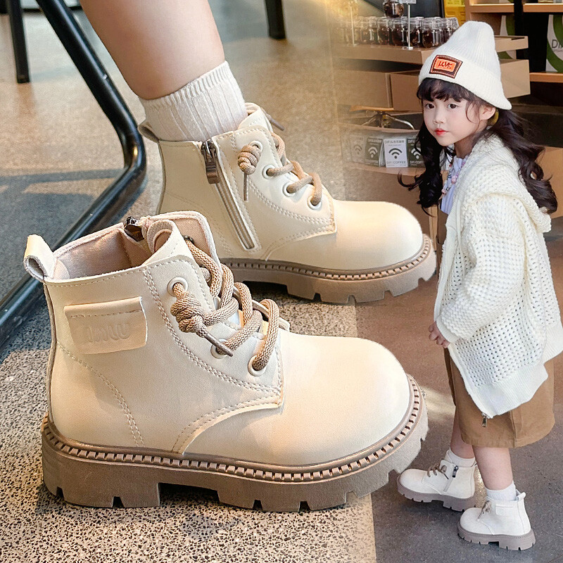Bērnu zābaki 26-36 Izmērs Bēšs Mīksts Zēnu Meiteņu Ādas Kurpes Four Seasons Modes Black Hundred Neslīdoši Kids Martin Boots