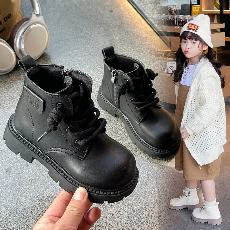 Bērnu zābaki 26-36 Izmērs Bēšs Mīksts Zēnu Meiteņu Ādas Kurpes Four Seasons Modes Black Hundred Neslīdoši Kids Martin Boots