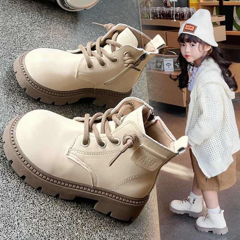 Bērnu zābaki 26-36 Izmērs Bēšs Mīksts Zēnu Meiteņu Ādas Kurpes Four Seasons Modes Black Hundred Neslīdoši Kids Martin Boots