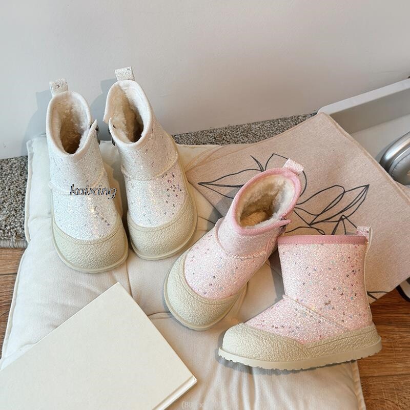 Ziemas plīša sniega zābaki meitenēm PU ādas ūdensnecaurlaidīgi kokvilnas apavi Modes biezi silti mākslīgās kažokādas flīsa zābaki pusaudžiem