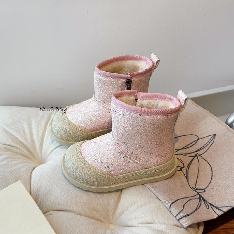 Ziemas plīša sniega zābaki meitenēm PU ādas ūdensnecaurlaidīgi kokvilnas apavi Modes biezi silti mākslīgās kažokādas flīsa zābaki pusaudžiem