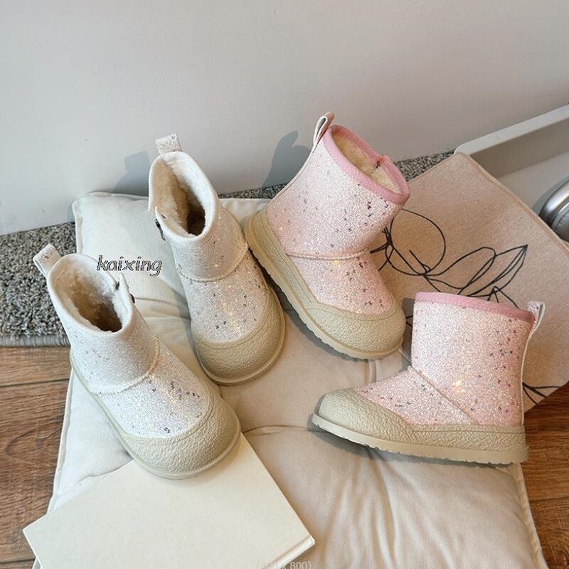 Ziemas plīša sniega zābaki meitenēm PU ādas ūdensnecaurlaidīgi kokvilnas apavi Modes biezi silti mākslīgās kažokādas flīsa zābaki pusaudžiem