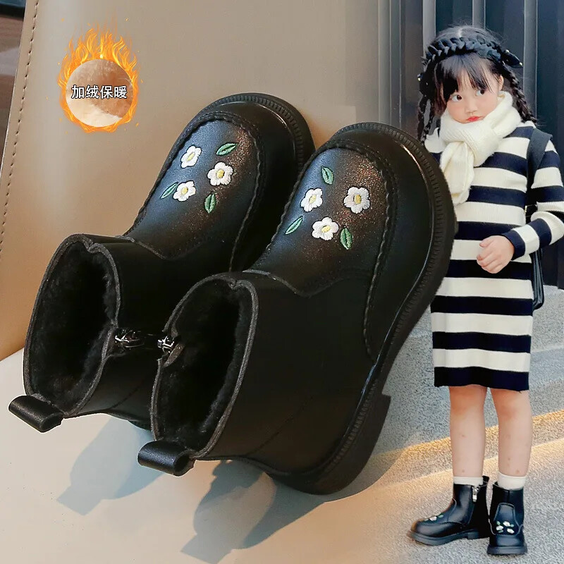 Ziemas apavi meitenēm Sniega zābaki Modes izšuvumi Plīša silti Bērnu īsi zābaki Neslīdoši kokvilnas apavi meitenēm