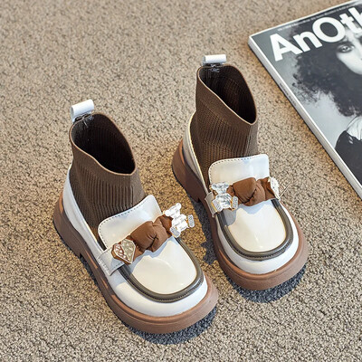 2024. gada pavasaris, rudens, jauni, adīti bērnu īsi zābaki, moderns bantītis, sieviešu bērnu apavi ar augstu augšdaļu, vairumtirdzniecība
