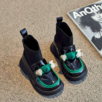 2024. gada pavasaris, rudens, jauni, adīti bērnu īsi zābaki, moderns bantītis, sieviešu bērnu apavi ar augstu augšdaļu, vairumtirdzniecība
