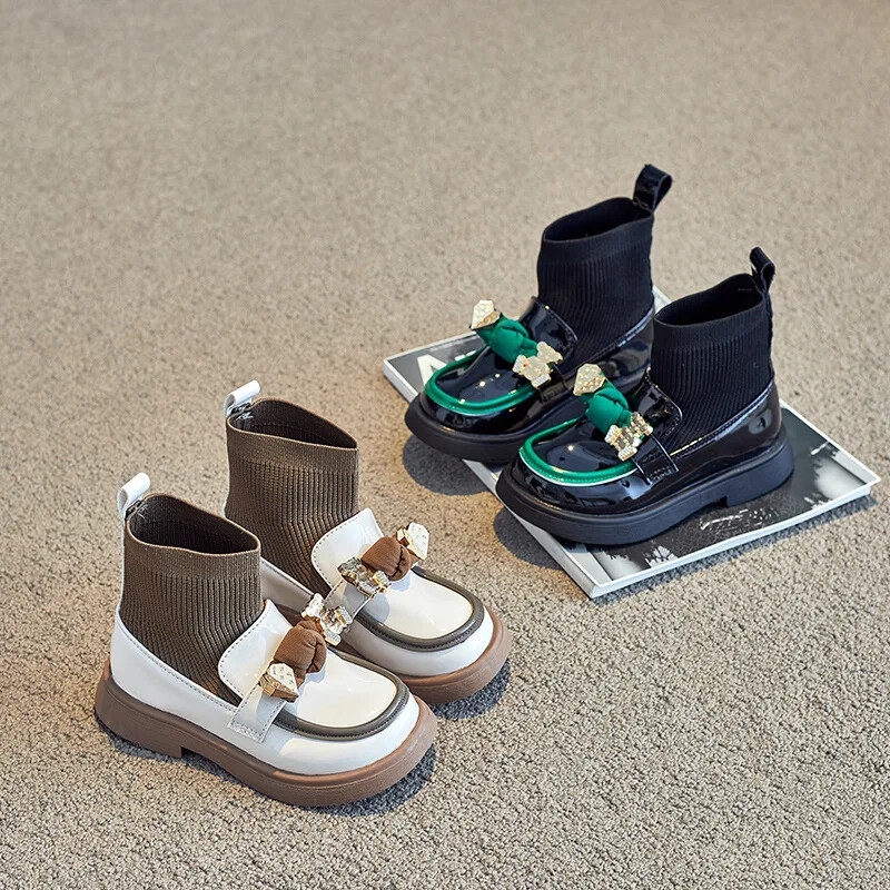 2024. gada pavasaris, rudens, jauni, adīti bērnu īsi zābaki, moderns bantītis, sieviešu bērnu apavi ar augstu augšdaļu, vairumtirdzniecība
