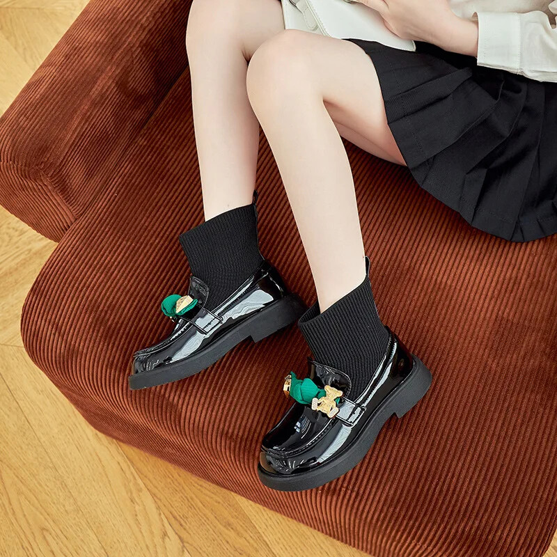 2024. gada pavasaris, rudens, jauni, adīti bērnu īsi zābaki, moderns bantītis, sieviešu bērnu apavi ar augstu augšdaļu, vairumtirdzniecība