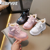 Lányos téli új plusz plüss hócsizma meleg pamut cipők rövid csizmák gyermek brit stílusú puha talpú könnyű csizmák