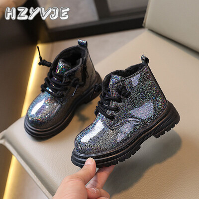 Lányos téli új plusz plüss hócsizma meleg pamut cipők rövid csizmák gyermek brit stílusú puha talpú könnyű csizmák