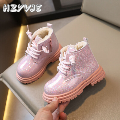 Lányos téli új plusz plüss hócsizma meleg pamut cipők rövid csizmák gyermek brit stílusú puha talpú könnyű csizmák