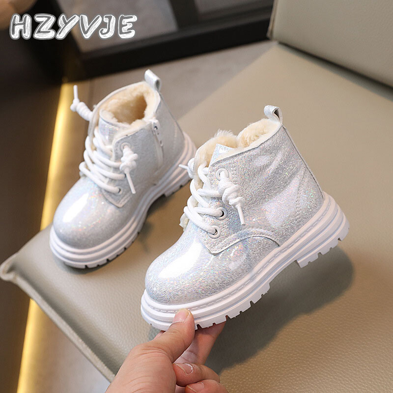 Lányos téli új plusz plüss hócsizma meleg pamut cipők rövid csizmák gyermek brit stílusú puha talpú könnyű csizmák