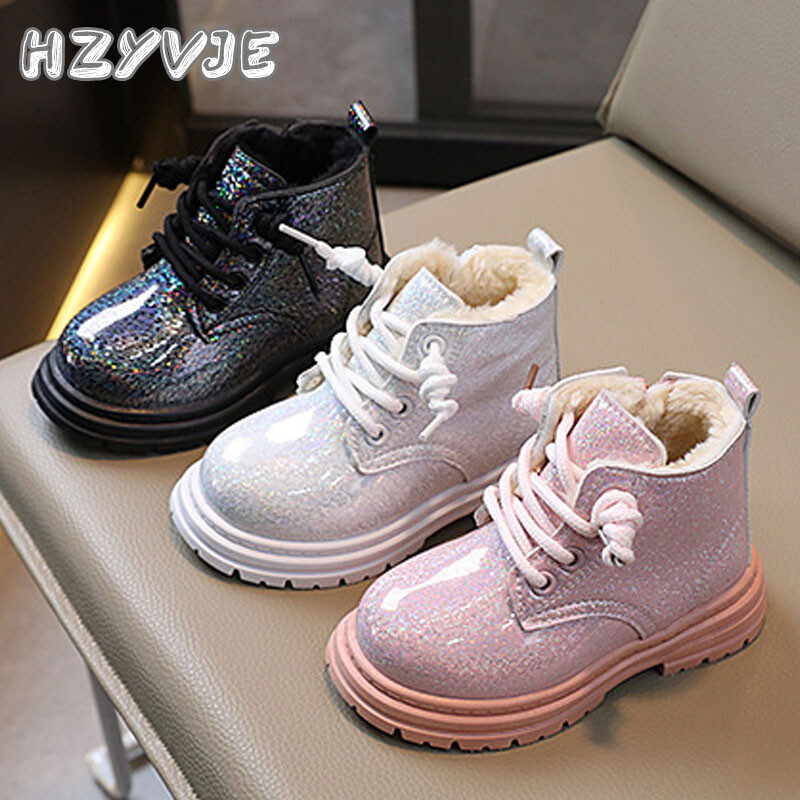 Lányos téli új plusz plüss hócsizma meleg pamut cipők rövid csizmák gyermek brit stílusú puha talpú könnyű csizmák