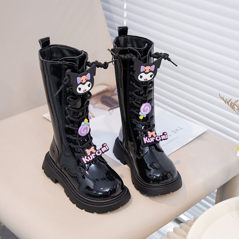 Cizme lungi din piele pentru fete Cizme înalte Kuromi cu desene animate pentru copii Cizme înalte cu talpă moale pentru copii Ghete prințese de modă pentru copii, groasă, caldă, blană de pluș, iarnă