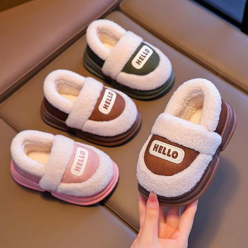 Jaunas modes ziemas bērnu pārvalks papēža pūkainas čības zēniem, meitenes, mīkstas, neslīdošas, siltas, plakanas mājas apavi ar kokvilnas polsterējumu