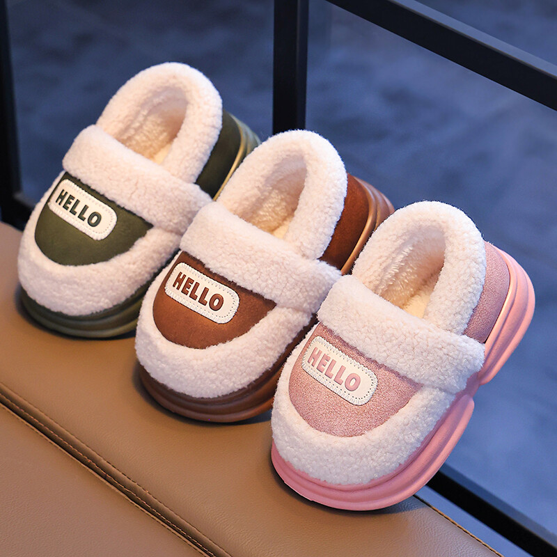 Jaunas modes ziemas bērnu pārvalks papēža pūkainas čības zēniem, meitenes, mīkstas, neslīdošas, siltas, plakanas mājas apavi ar kokvilnas polsterējumu