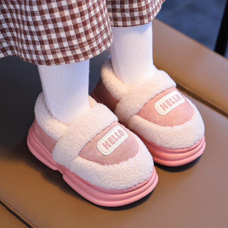 Jaunas modes ziemas bērnu pārvalks papēža pūkainas čības zēniem, meitenes, mīkstas, neslīdošas, siltas, plakanas mājas apavi ar kokvilnas polsterējumu