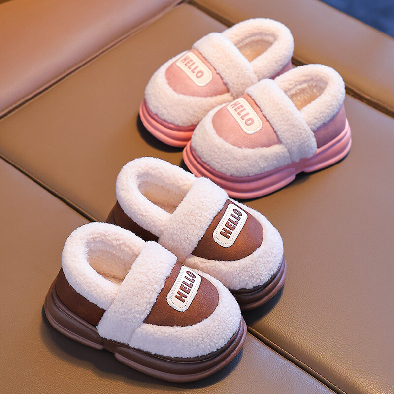Jaunas modes ziemas bērnu pārvalks papēža pūkainas čības zēniem, meitenes, mīkstas, neslīdošas, siltas, plakanas mājas apavi ar kokvilnas polsterējumu