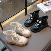 Meiteņu modes zābaki 2024. gada smilškrāsas polsterēti ziedi, plakani meiteņu kokvilnas apavi Rudens, ziema, melni, neslīdoši, īsi bērnu zābaki