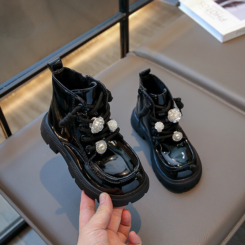 Meiteņu modes zābaki 2024. gada smilškrāsas polsterēti ziedi, plakani meiteņu kokvilnas apavi Rudens, ziema, melni, neslīdoši, īsi bērnu zābaki