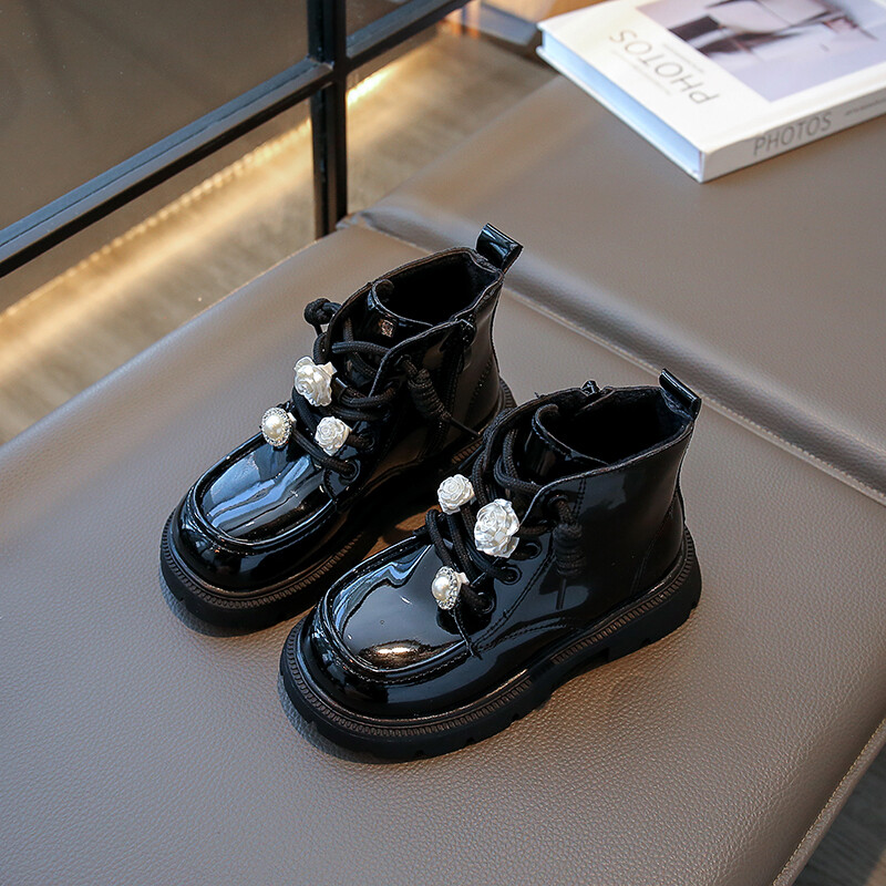 Meiteņu modes zābaki 2024. gada smilškrāsas polsterēti ziedi, plakani meiteņu kokvilnas apavi Rudens, ziema, melni, neslīdoši, īsi bērnu zābaki