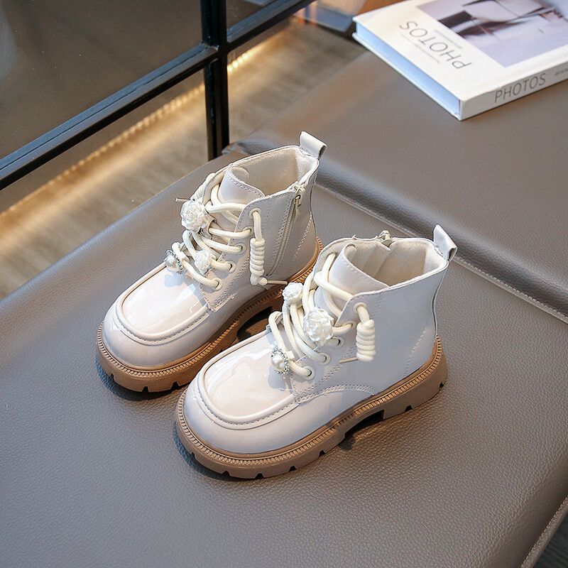 Meiteņu modes zābaki 2024. gada smilškrāsas polsterēti ziedi, plakani meiteņu kokvilnas apavi Rudens, ziema, melni, neslīdoši, īsi bērnu zābaki