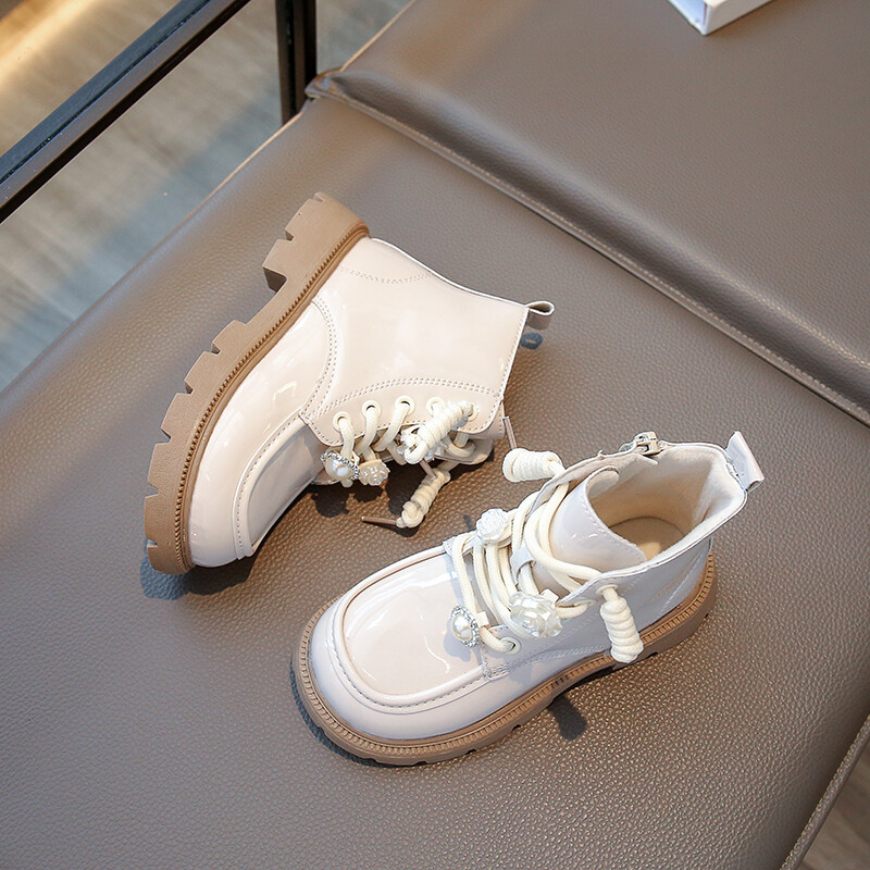 Meiteņu modes zābaki 2024. gada smilškrāsas polsterēti ziedi, plakani meiteņu kokvilnas apavi Rudens, ziema, melni, neslīdoši, īsi bērnu zābaki