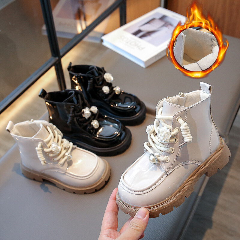 Meiteņu modes zābaki 2024. gada smilškrāsas polsterēti ziedi, plakani meiteņu kokvilnas apavi Rudens, ziema, melni, neslīdoši, īsi bērnu zābaki