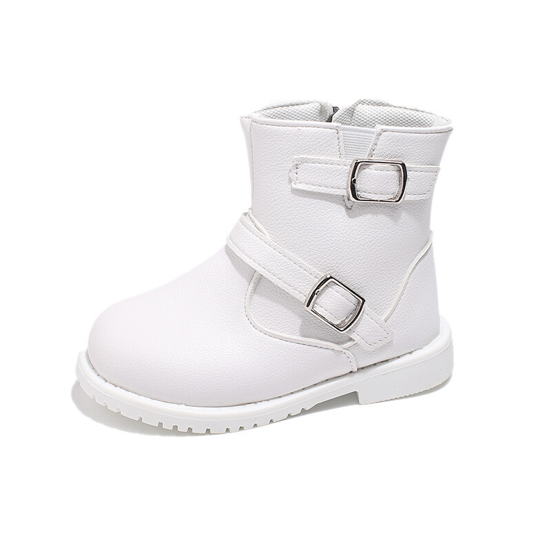 Zēniem meiteņu zābaki 2024. gada jauns modes balts melns ādas klasisks bērnu puszābaki Dizainera sprādze Bērnu mīkstas zoles īsi zābaki