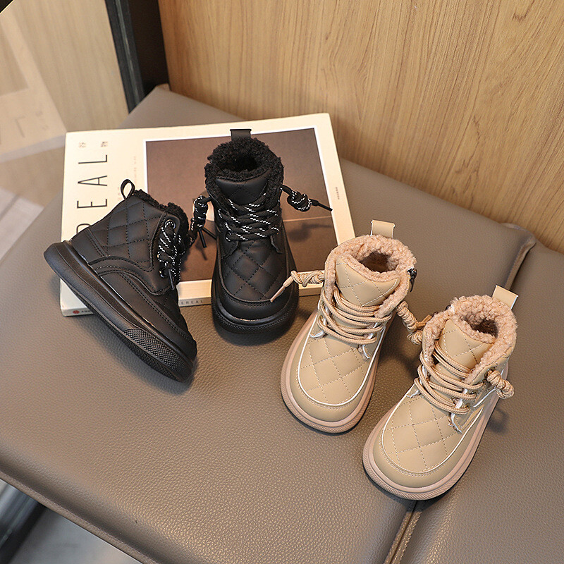 Nauji žieminiai sniego batai mergaitėms 2024 m. madingi PU odos pliušiniai šilti medvilniniai batai Aksominė minkšta avalynė vaikams Neslystantys batai