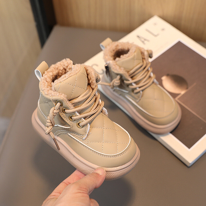 Nauji žieminiai sniego batai mergaitėms 2024 m. madingi PU odos pliušiniai šilti medvilniniai batai Aksominė minkšta avalynė vaikams Neslystantys batai