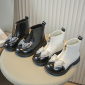 Meiteņu 2024. gada rudens, jauni glancēti Chelsea zābaki bērniem, daudzpusīgi kalnu strēles akmens banti, princese, ikdienas puszābaki, modes rūtaini zābaciņi