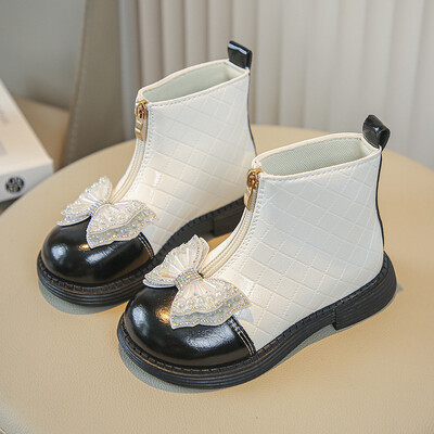 Meiteņu 2024. gada rudens, jauni glancēti Chelsea zābaki bērniem, daudzpusīgi kalnu strēles akmens banti, princese, ikdienas puszābaki, modes rūtaini zābaciņi