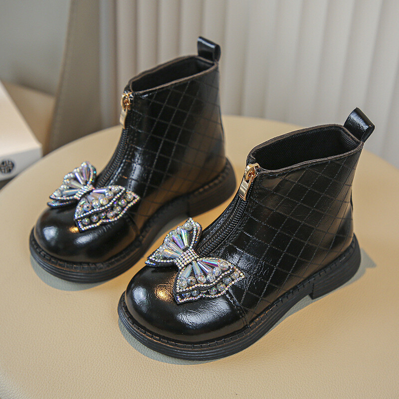 Meiteņu 2024. gada rudens, jauni glancēti Chelsea zābaki bērniem, daudzpusīgi kalnu strēles akmens banti, princese, ikdienas puszābaki, modes rūtaini zābaciņi