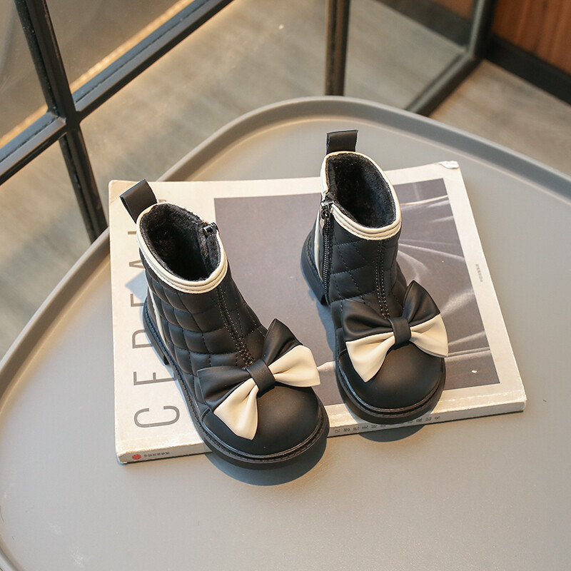 Jauni ziemas apavi meitenēm puszābaki, tauriņš rombveida režģa zābaciņi Princeses jaukas sniega kurpes bērniem pu ādas kleitas kurpes