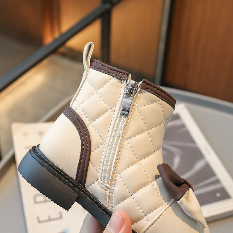 Jauni ziemas apavi meitenēm puszābaki, tauriņš rombveida režģa zābaciņi Princeses jaukas sniega kurpes bērniem pu ādas kleitas kurpes