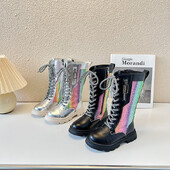 Modes bērniem Skaisti bruņinieku zābaki Krāsaini gradienta meitenes Moderni ādas zābaki Bērnu apavi meitenēm ar platformu Botas Botas