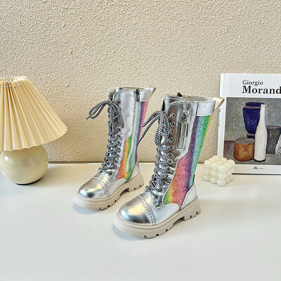 Modes bērniem Skaisti bruņinieku zābaki Krāsaini gradienta meitenes Moderni ādas zābaki Bērnu apavi meitenēm ar platformu Botas Botas