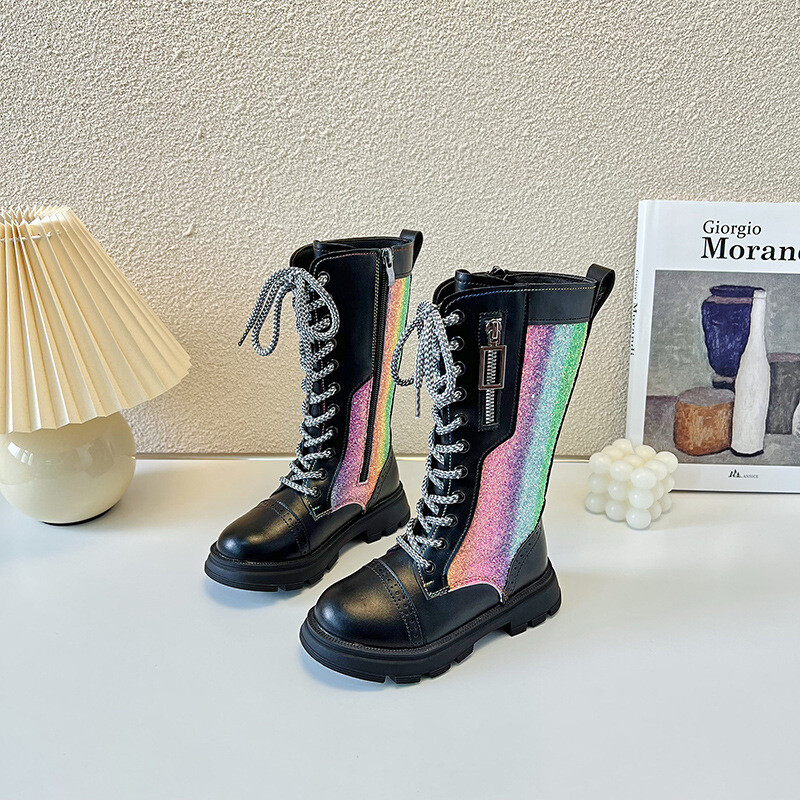 Modes bērniem Skaisti bruņinieku zābaki Krāsaini gradienta meitenes Moderni ādas zābaki Bērnu apavi meitenēm ar platformu Botas Botas