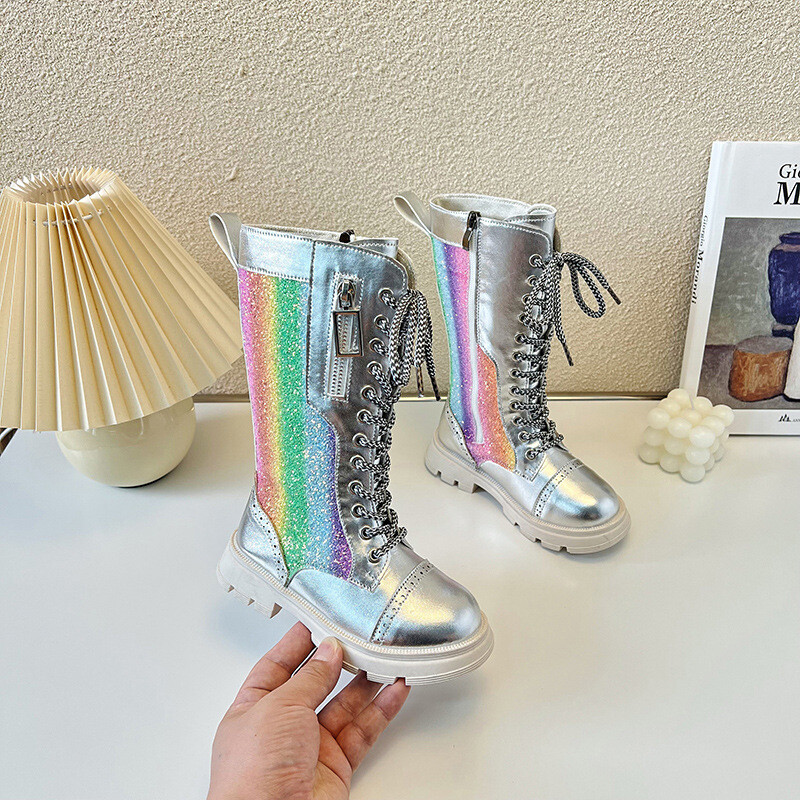 Modes bērniem Skaisti bruņinieku zābaki Krāsaini gradienta meitenes Moderni ādas zābaki Bērnu apavi meitenēm ar platformu Botas Botas