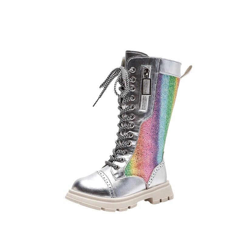 Modes bērniem Skaisti bruņinieku zābaki Krāsaini gradienta meitenes Moderni ādas zābaki Bērnu apavi meitenēm ar platformu Botas Botas