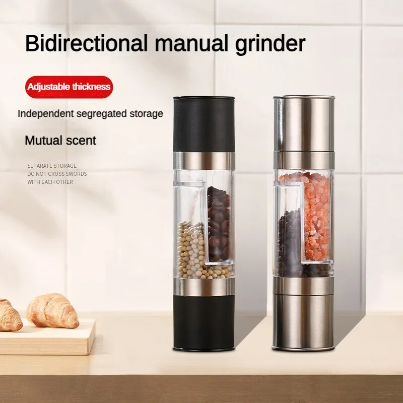Druskos ir pipirų malūnėlis 2 viename rankinis nerūdijančio plieno druskos pipirų malūnėlis su reguliuojamu keramikiniu malimo prieskonių malūnu virtuvės įrankiu