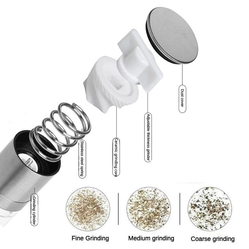 Druskos ir pipirų malūnėlis 2 viename rankinis nerūdijančio plieno druskos pipirų malūnėlis su reguliuojamu keramikiniu malimo prieskonių malūnu virtuvės įrankiu