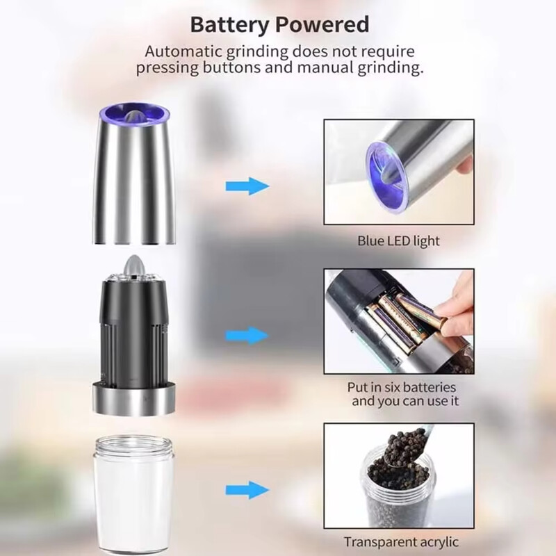 Nerūsējošā tērauda gravitācijas piparu un sāls dzirnaviņas ar regulējamu rupjuma akumulatoru, ko darbina ar gaismu