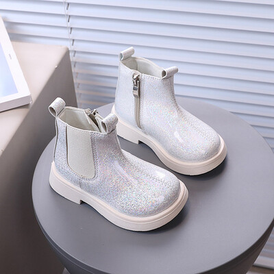 Bērnu apavi Spīdīga āda Britu stila zābaki zēniem meitenēm neslīdoši Chelsea īsi zābaki bērniem Fahsion mīkstas zoles puszābaki