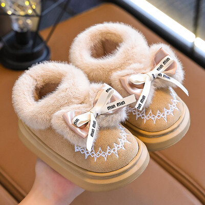 Divat téli pakolás sarkú cipő csúszásmentes puha masni dekor Bolyhos papucs Gyerek Lányoknak Gyerekek Beltéri Meleg Otthon Pamut párnázott Cipők
