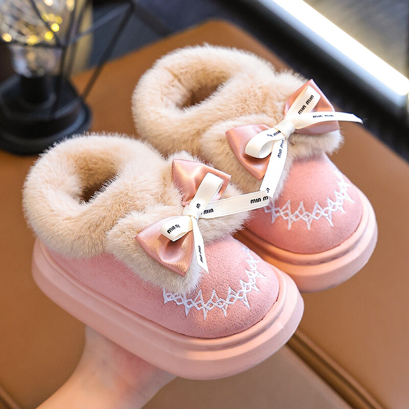 Divat téli pakolás sarkú cipő csúszásmentes puha masni dekor Bolyhos papucs Gyerek Lányoknak Gyerekek Beltéri Meleg Otthon Pamut párnázott Cipők